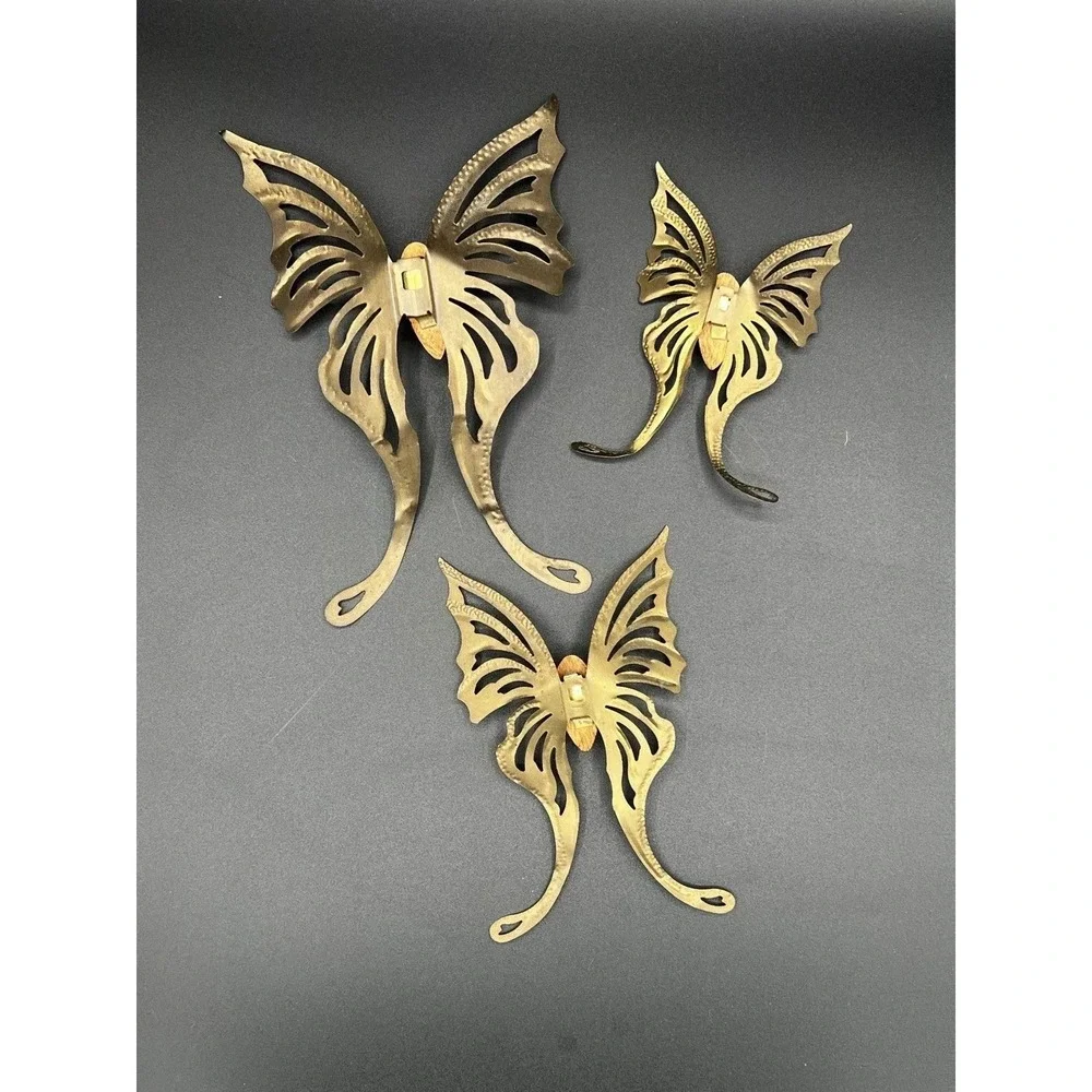 VTG Brass Butterfly Wall Hanging‎ Decor Lot 3 Pc Set Metal Wood Gold MCM